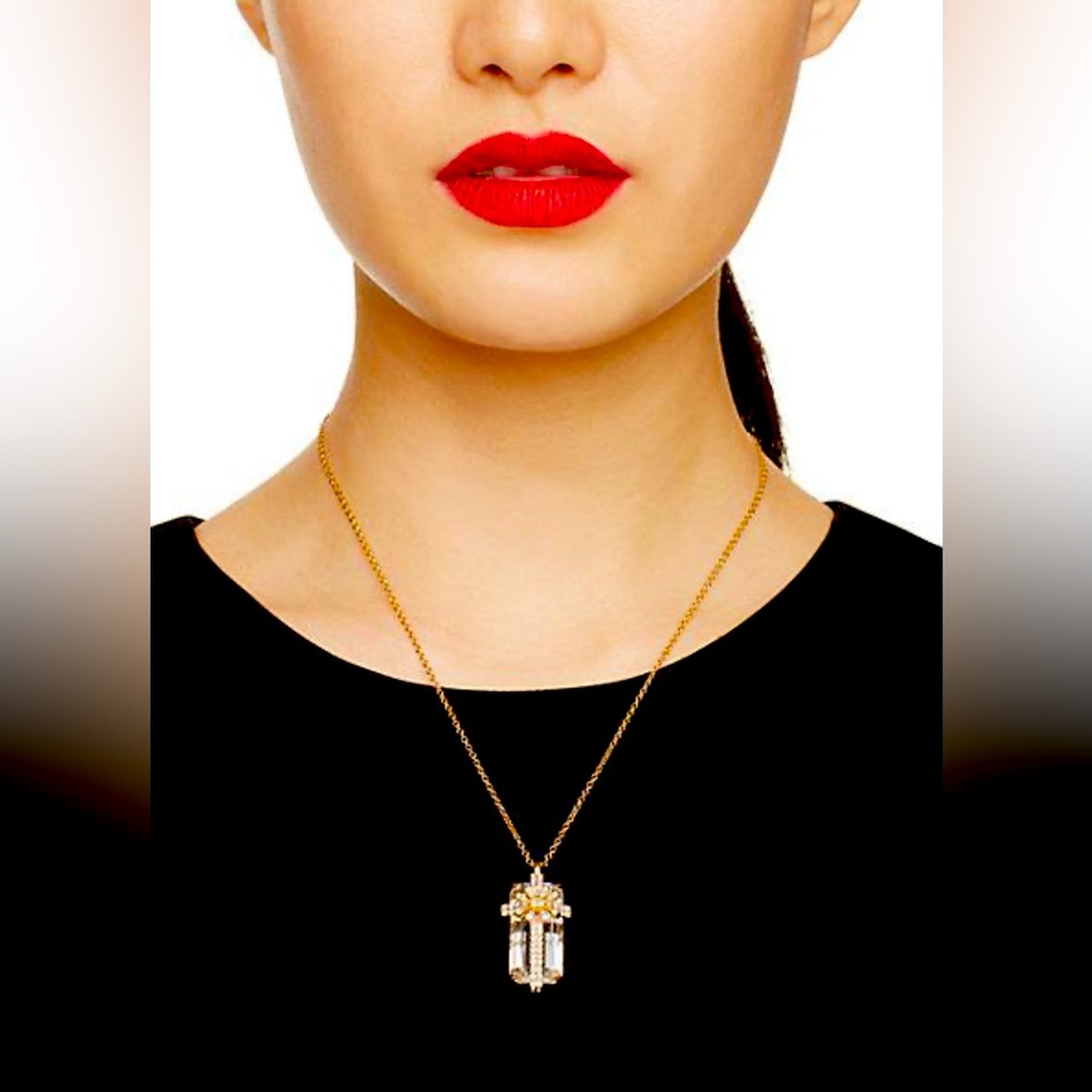 Kate Spade Fete First Gift Wrapped PRESENT Pendant Necklace crystal Gold NWOT